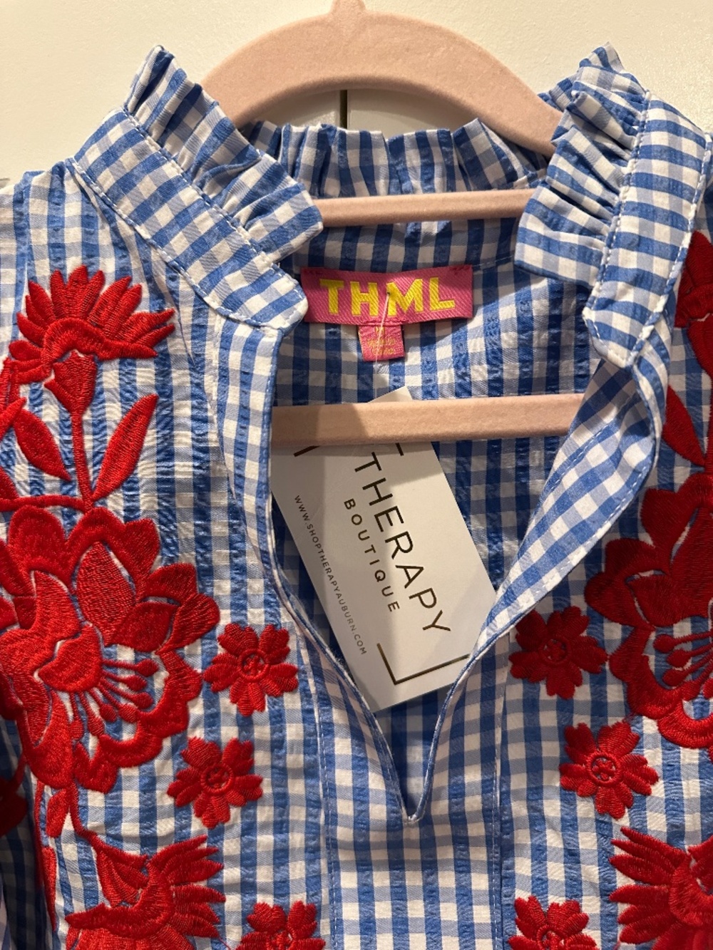 THML Peaceful Blue/white gingham embroidered blouse - Picture 3 of 5